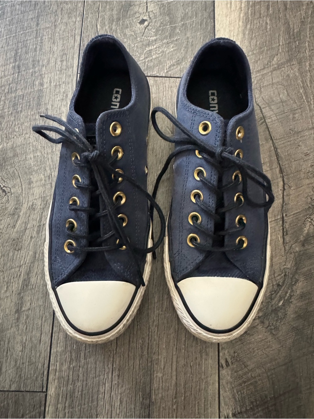 Converse Navy Canvas Low-Top Sneakers with White Toe Cap and Gold Eyelets